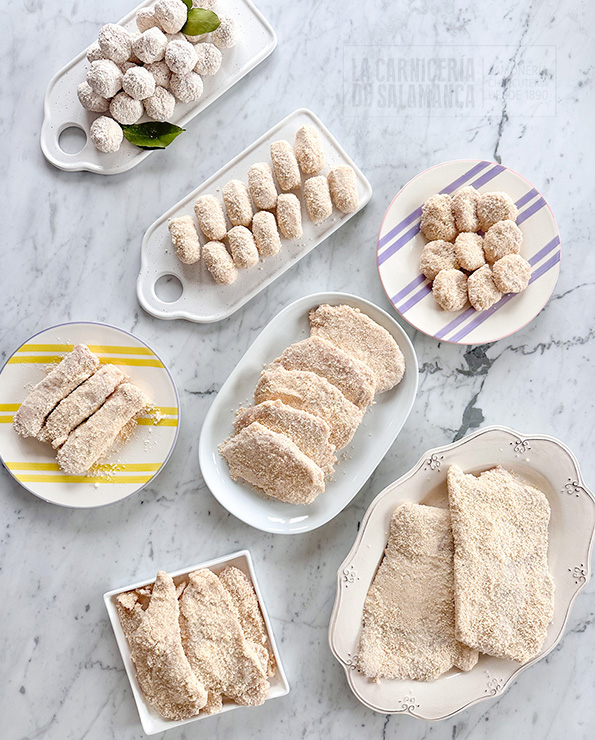 Selección de elaborados caseros artesanos de carnicería tradicional, como croquetas, empanados, nuggets, san jacobos y flamenquines, listos para cocinar, ideales para venta online y canal HORECA.