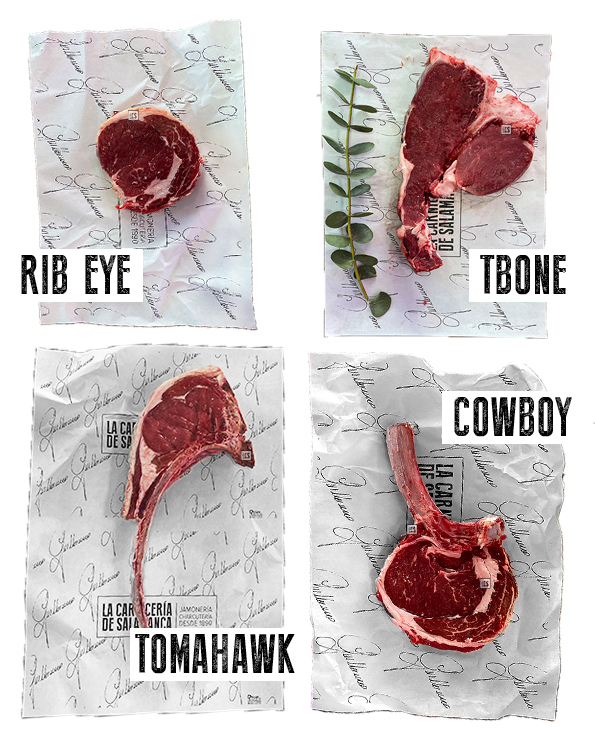 Diferencia entre los cortes T-bone, Cowboy, Rib eye o ribeye y tomahawk. Cortes disponibles en España en La Carnicería de Salamanca.
