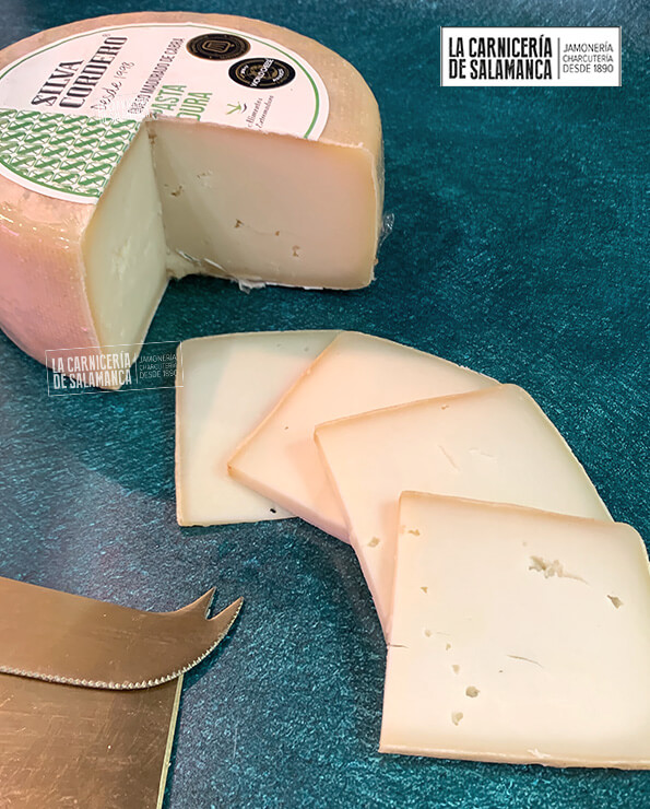 Queso madurado de cabra Silva Cordero, foto de La Carnicería de Salamanca, carnicería online. Zoom detalle textura de queso de cabra. Cortado en lonchas.