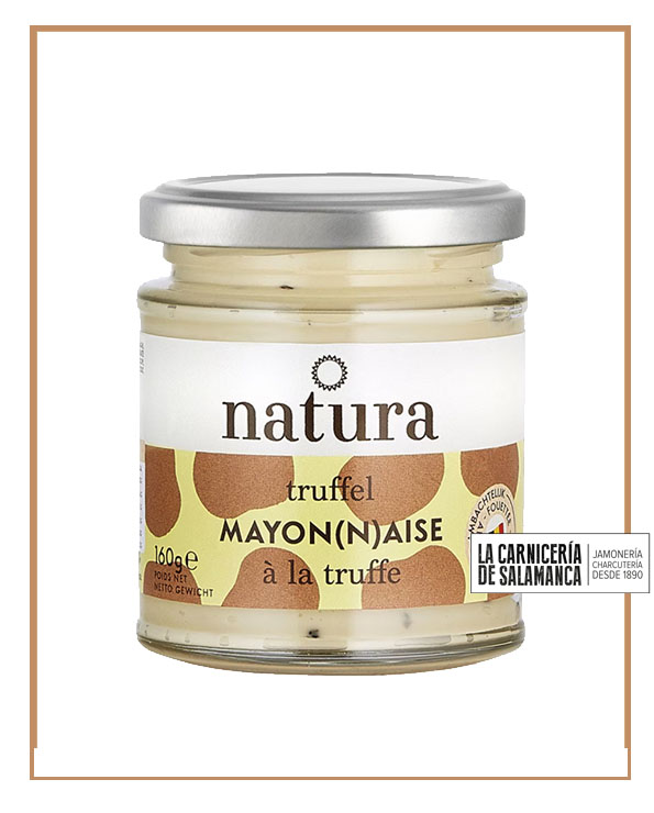 Tarro de mayonesa trufada Natura de 160 g, elaborada con ingredientes 100% naturales y trufa de verano, disponible en La Carnicería de Salamanca