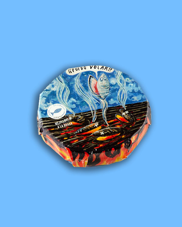 Packaging creativo de los mejillones a la brasa Güeyu Mar – diseño ilustrado