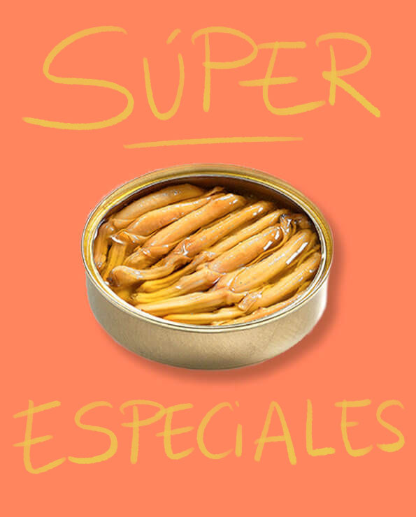 Lata abierta con navajas a la brasa Güeyu Mar, sobre fondo naranja con texto “súper especiales”
