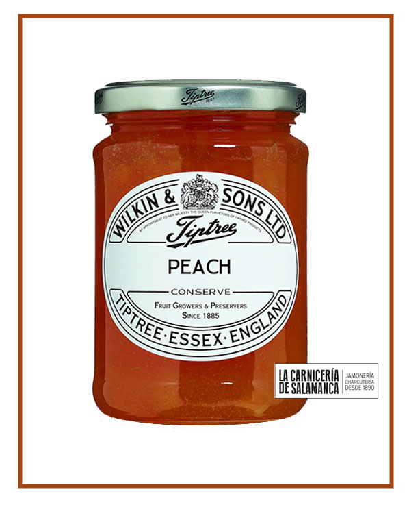 Tarro de mermelada de melocotón Peach Conserve Tiptree, elaborada con fruta española, sin aditivos, y disponible en La Carnicería de Salamanca, tienda gourmet en Peñaranda de Bracamonte.