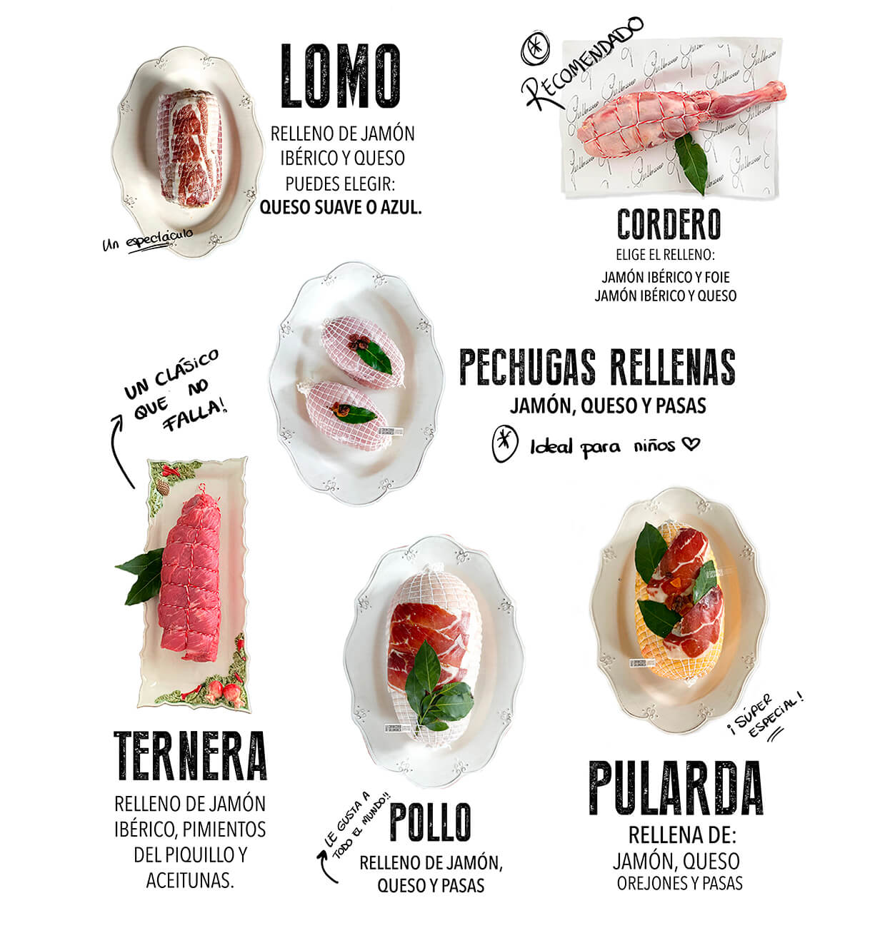 versión móvil Carnes rellenas artesanas: lomo, pollo, ternera, pularda, cordero y pechugas rellenas