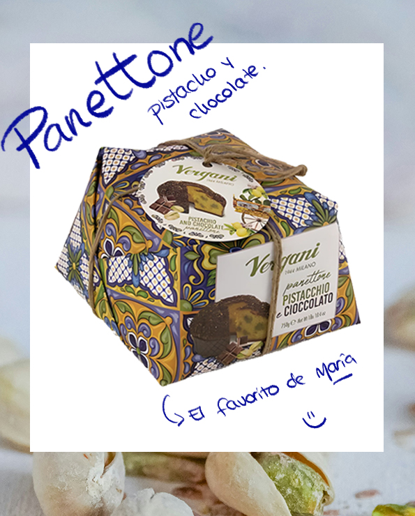 Panettone Pistacchio e Cioccolato de Vergani, el panettone italiano con crema de pistacho y cobertura de chocolate disponible en La Carnicería de Salamanca, la tienda de productos gourmet y dulces en Peñaranda de Bracamonte
